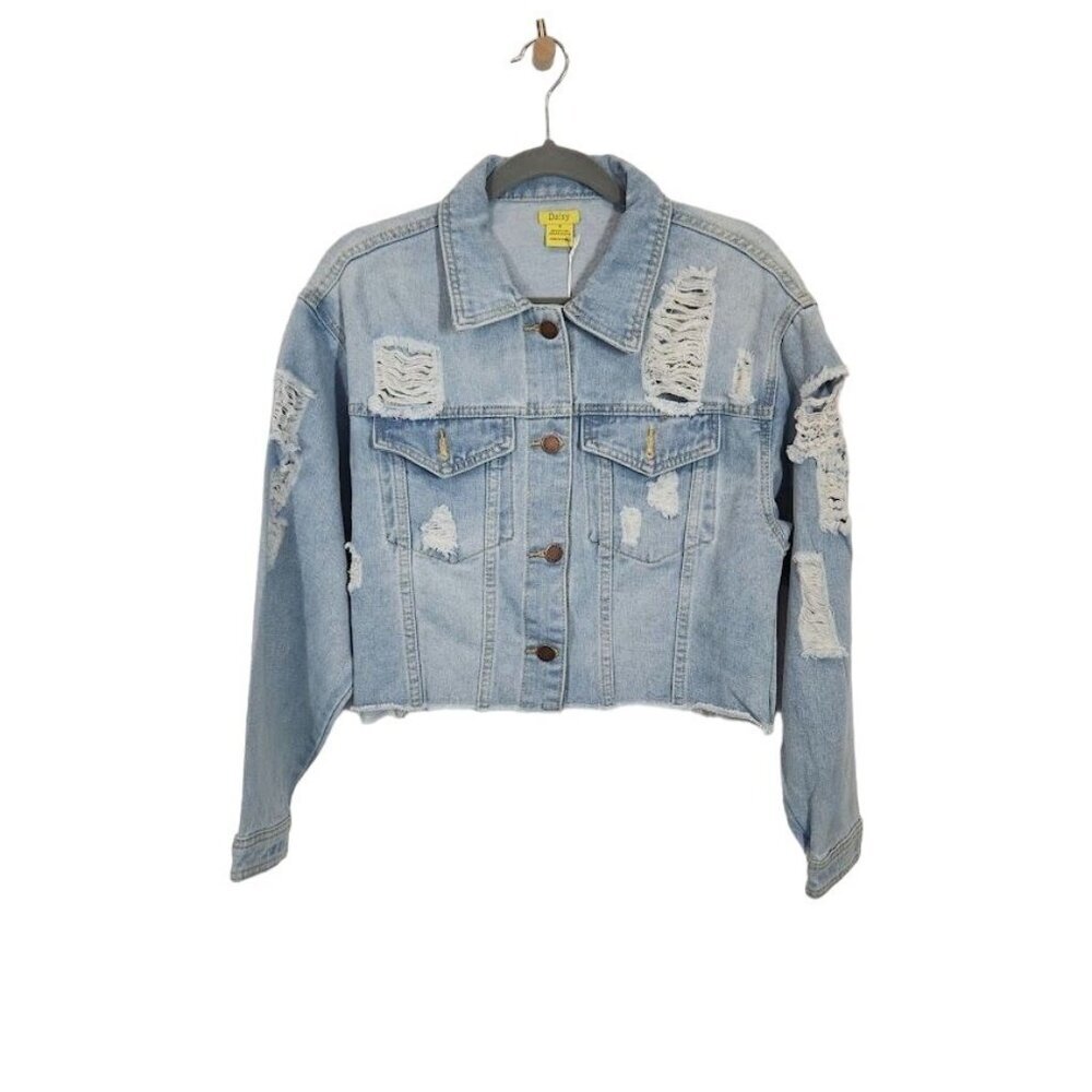 Daisy Distressed Cropped Jean Jacket in Medium‎ Denim Wash - Size Small